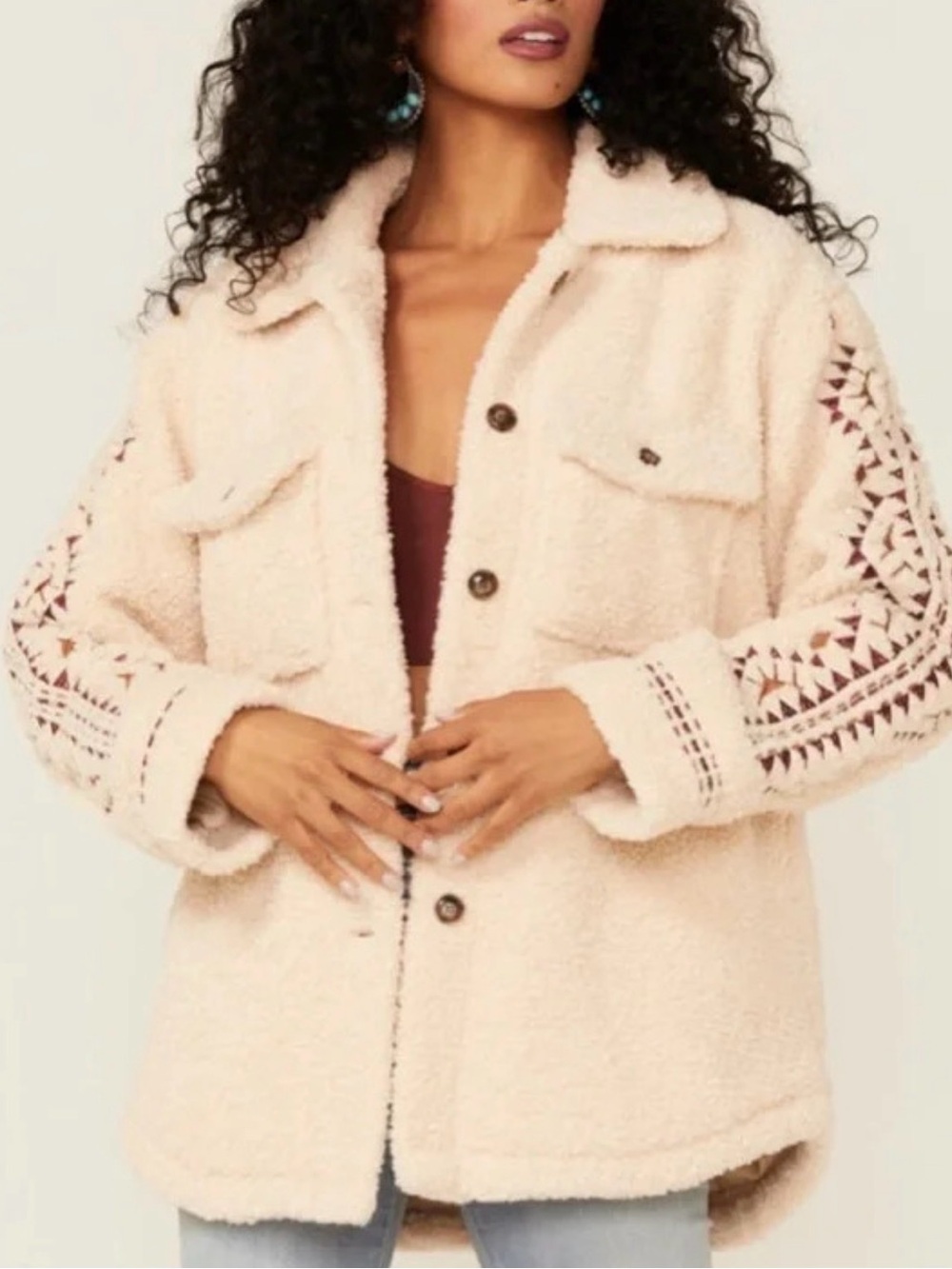 Driftwood Cream Southwestern Pattern Embroidered Sherpa Jacket-Boho-Cozy-S